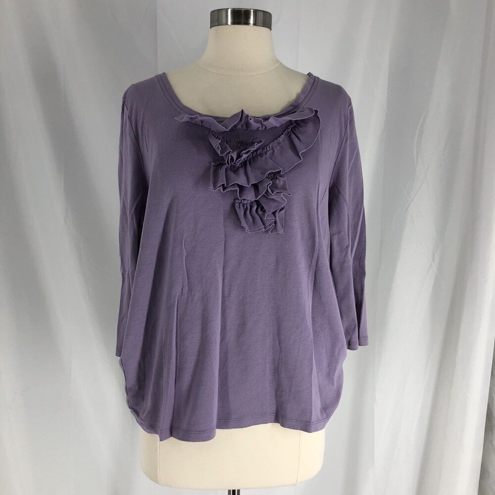 LOFT Womens 3/4 Sleeve Top Ruffle Front Scoop Neck Purple Size XL Shirt